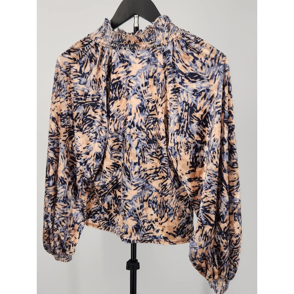 Free People Velvet Smocked V-Neck Balloon Sleeve Blouse Blue Tan XS